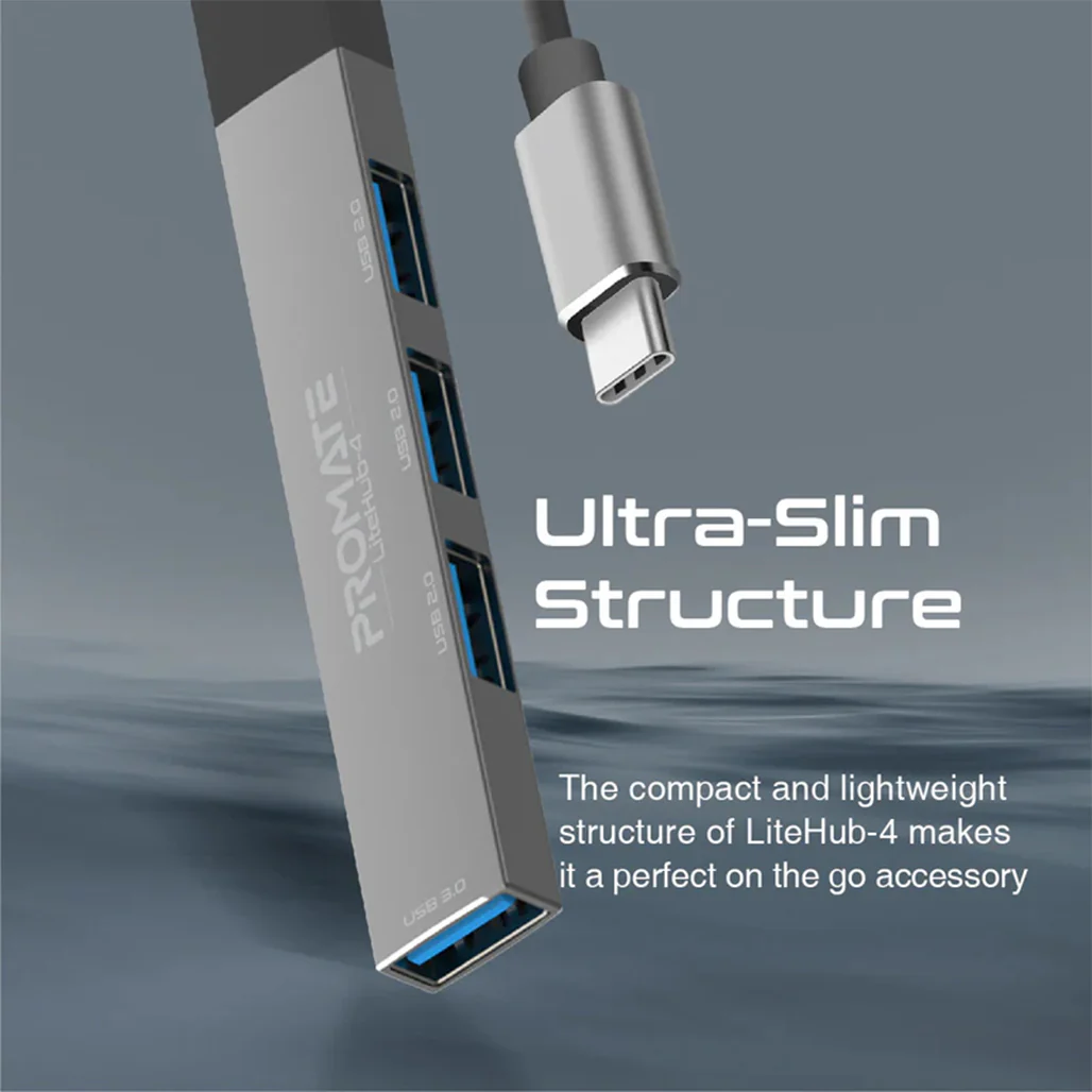Promate 4-in-1 USB-C Multi-Port Data Hub – Ultra-Slim Aluminum Hub with 4 USB-A Ports, 5Gbps Transfer Rate, and Flexible Cable - Image 2