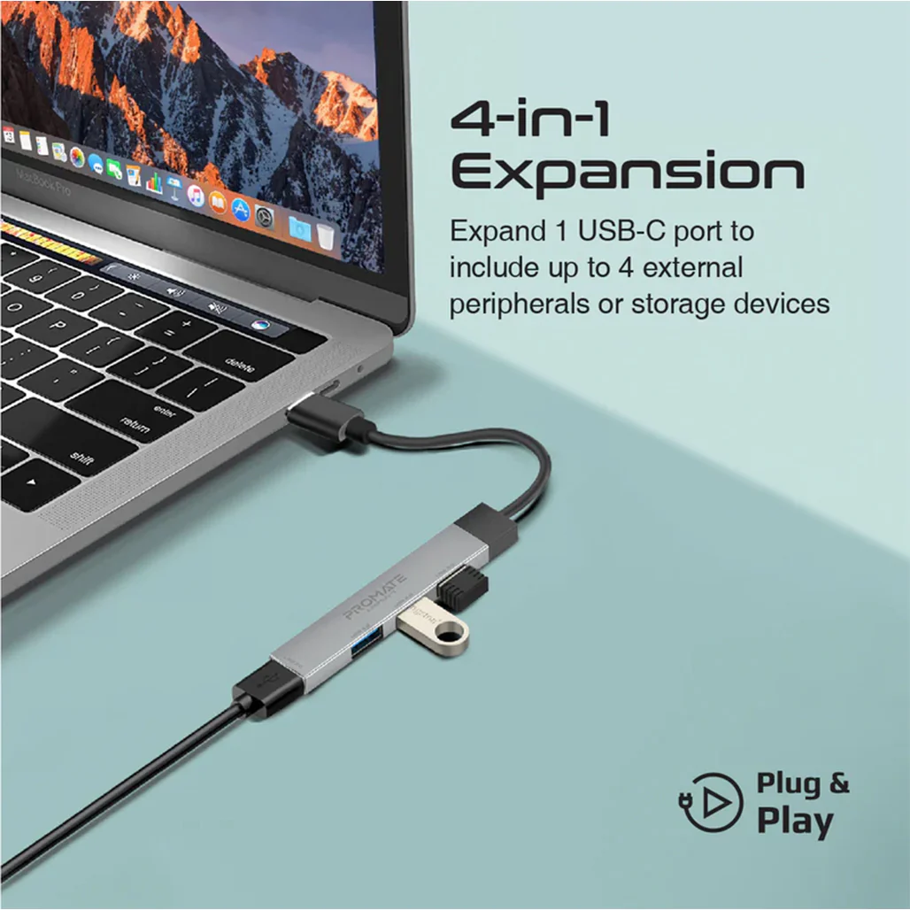 Promate 4-in-1 USB-C Multi-Port Data Hub – Ultra-Slim Aluminum Hub with 4 USB-A Ports, 5Gbps Transfer Rate, and Flexible Cable - Image 3