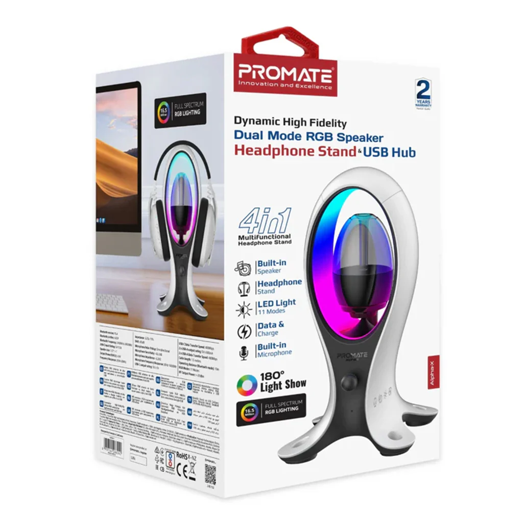 Promate Alpha-X - High-Fidelity TWS RGB Speaker with Headphone Stand & USB Hub - Image 2