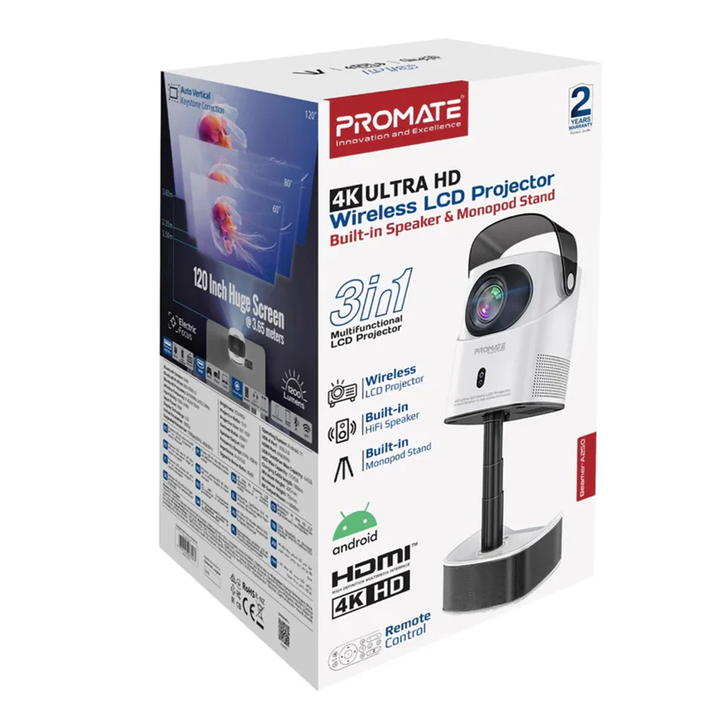 Promate Beamer-A250 4K Ultra HD Wireless LCD Projector with Built-In Speaker & Adjustable Monopod Stand - Image 2