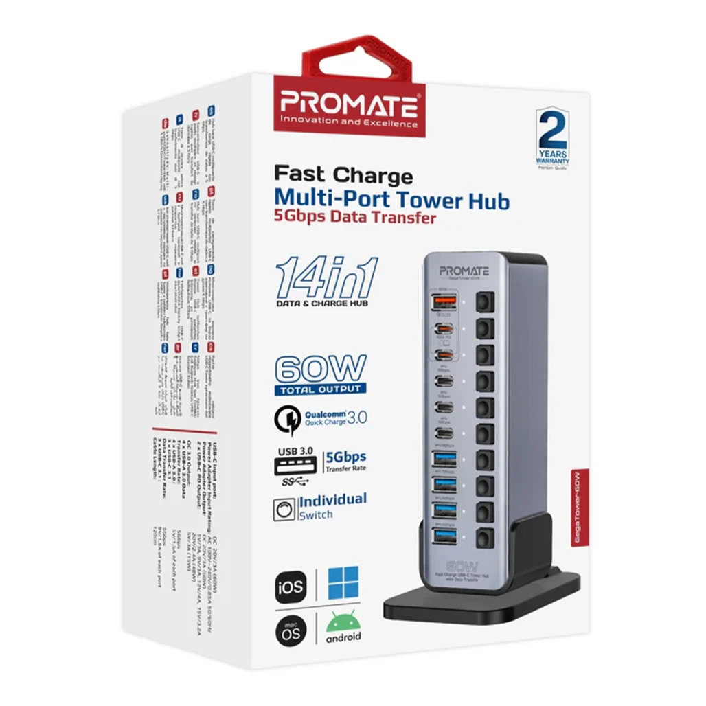 Promate GegaTower-60W | Fast Charging Multi-Port USB-C Hub with 5Gbps Data Transfer - Image 2