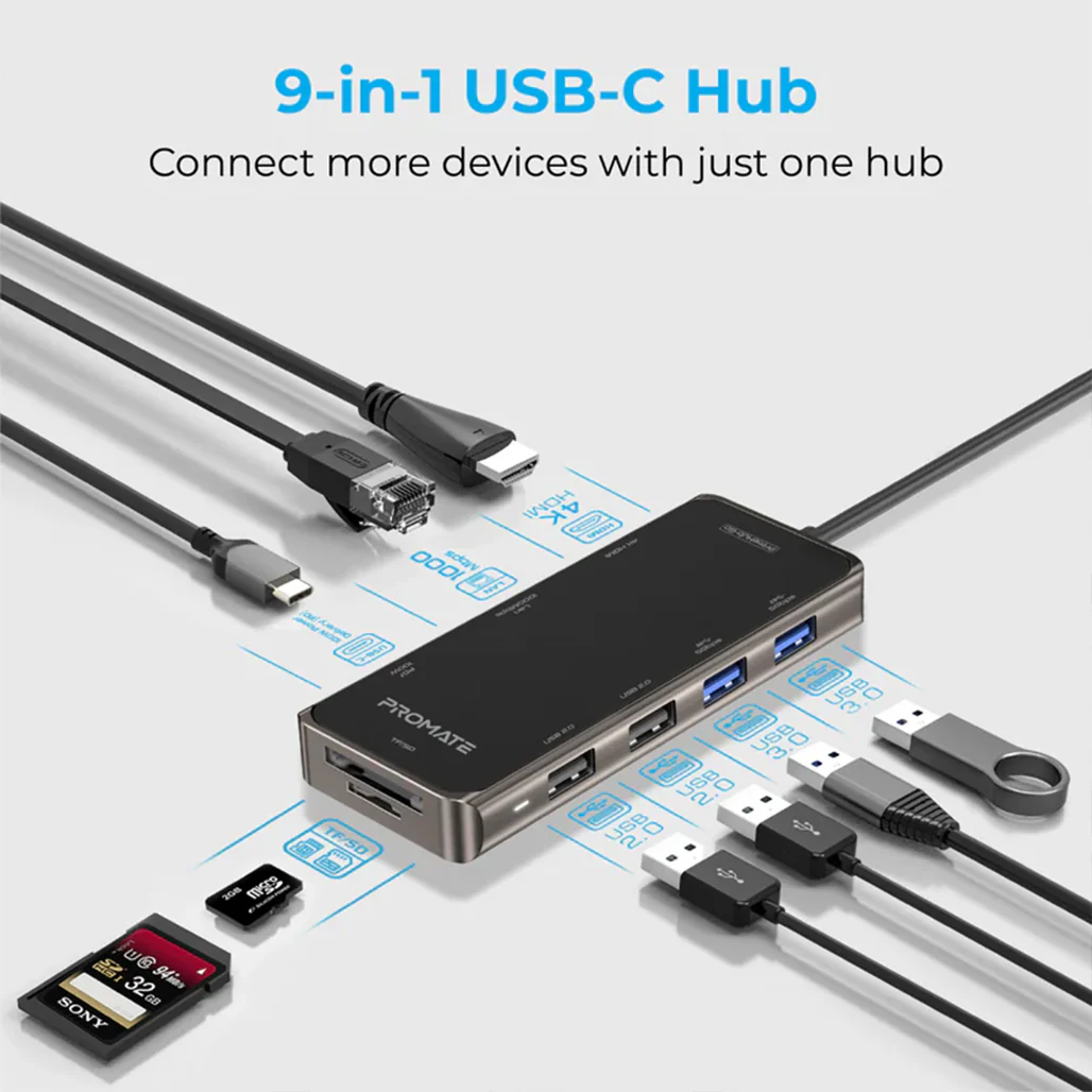 Promate PrimeHub-Go | 9-in-1 Multiport USB-C Hub with 100W Power Delivery, 4K HDMI, Ethernet, and More - Image 2