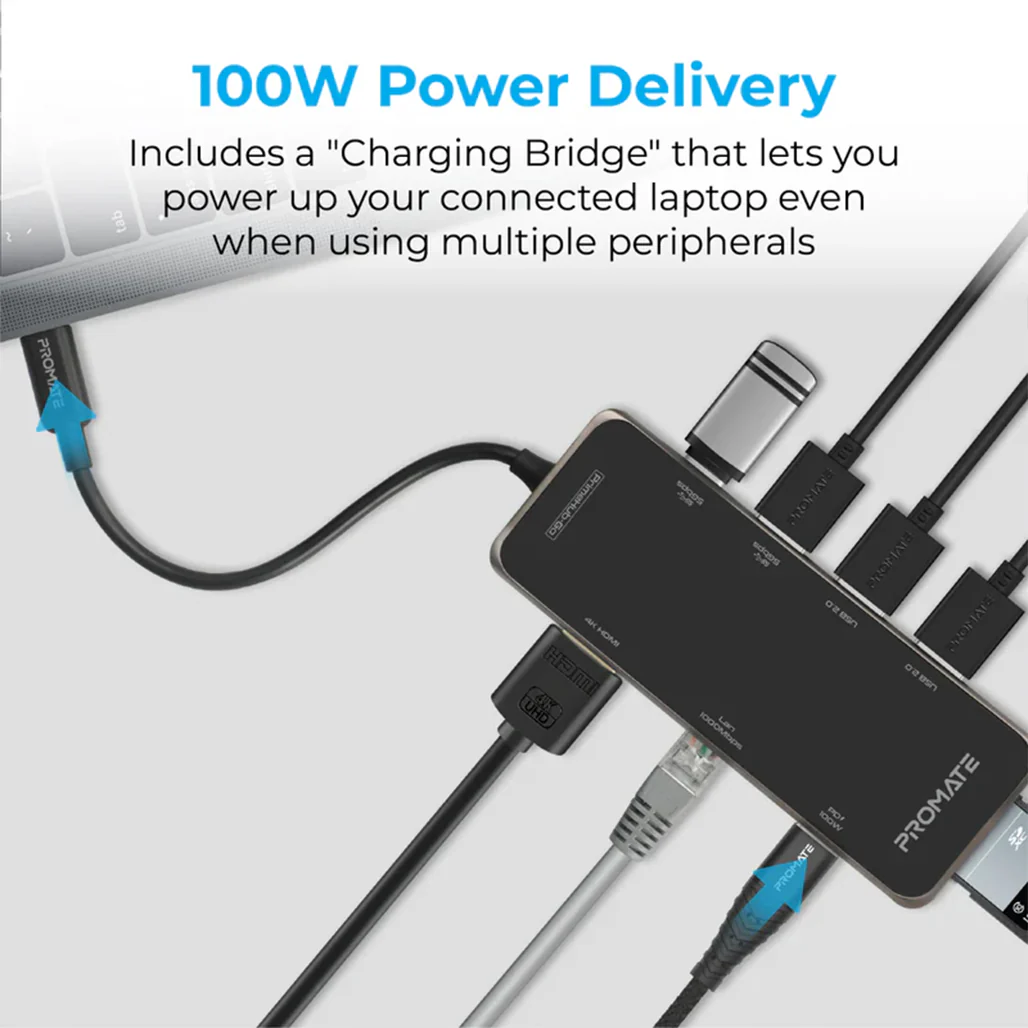 Promate PrimeHub-Go | 9-in-1 Multiport USB-C Hub with 100W Power Delivery, 4K HDMI, Ethernet, and More - Image 3
