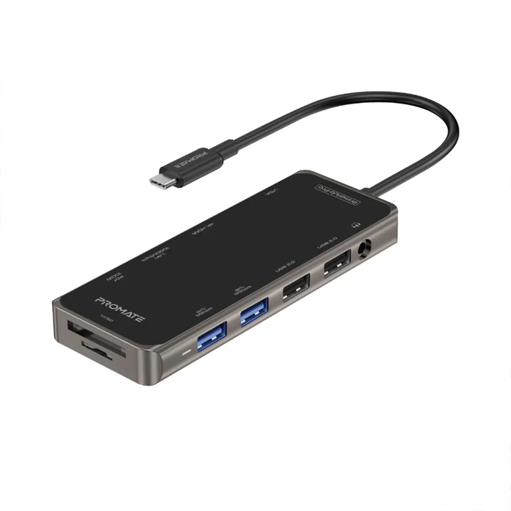 Promate PrimeHub-Pro Ultra-Fast Multiport USB-C Hub with 100W Power Delivery, 4K HDMI, VGA, Ethernet, USB Ports, SD/TF Card Reader