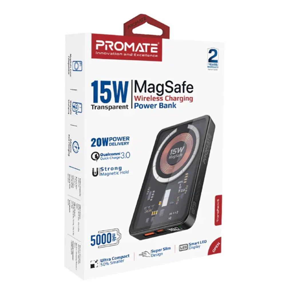 Promate TransPack-5 Transparent 15W MagSafe Wireless Charging Power Bank - 5000mAh with 20W Power Delivery & Quick Charge 3.0 - Image 2