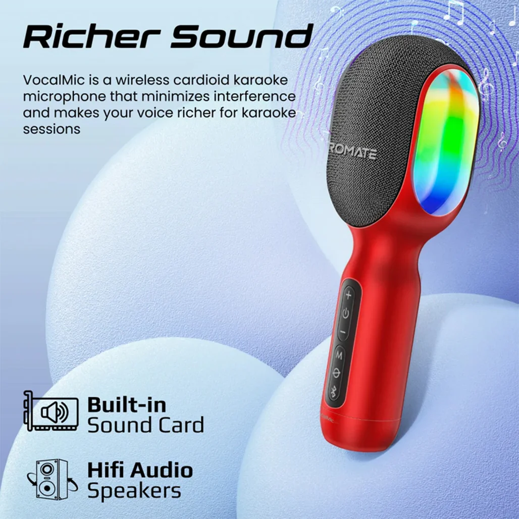 Promate VocalMic 5-in-1 Wireless Karaoke Microphone & Speaker - Red - Image 3