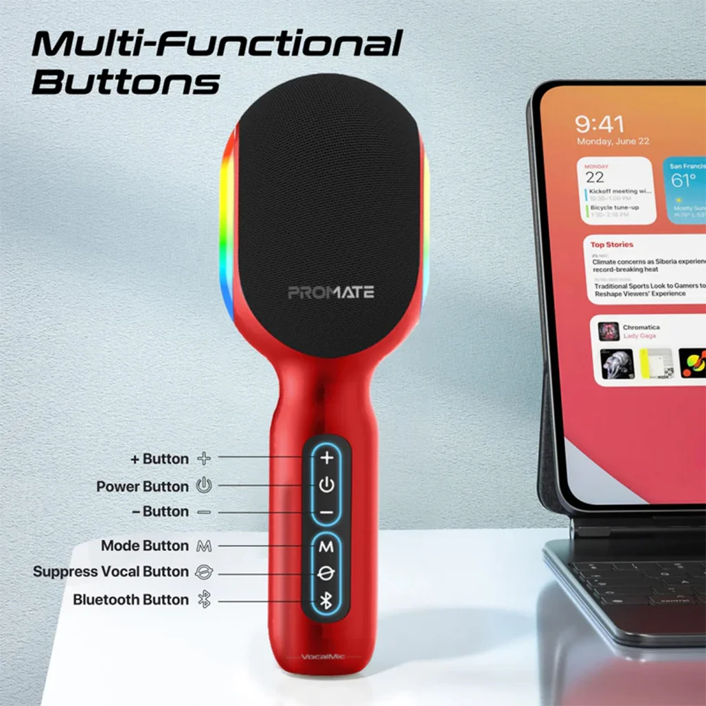 Promate VocalMic 5-in-1 Wireless Karaoke Microphone & Speaker - Red - Image 4