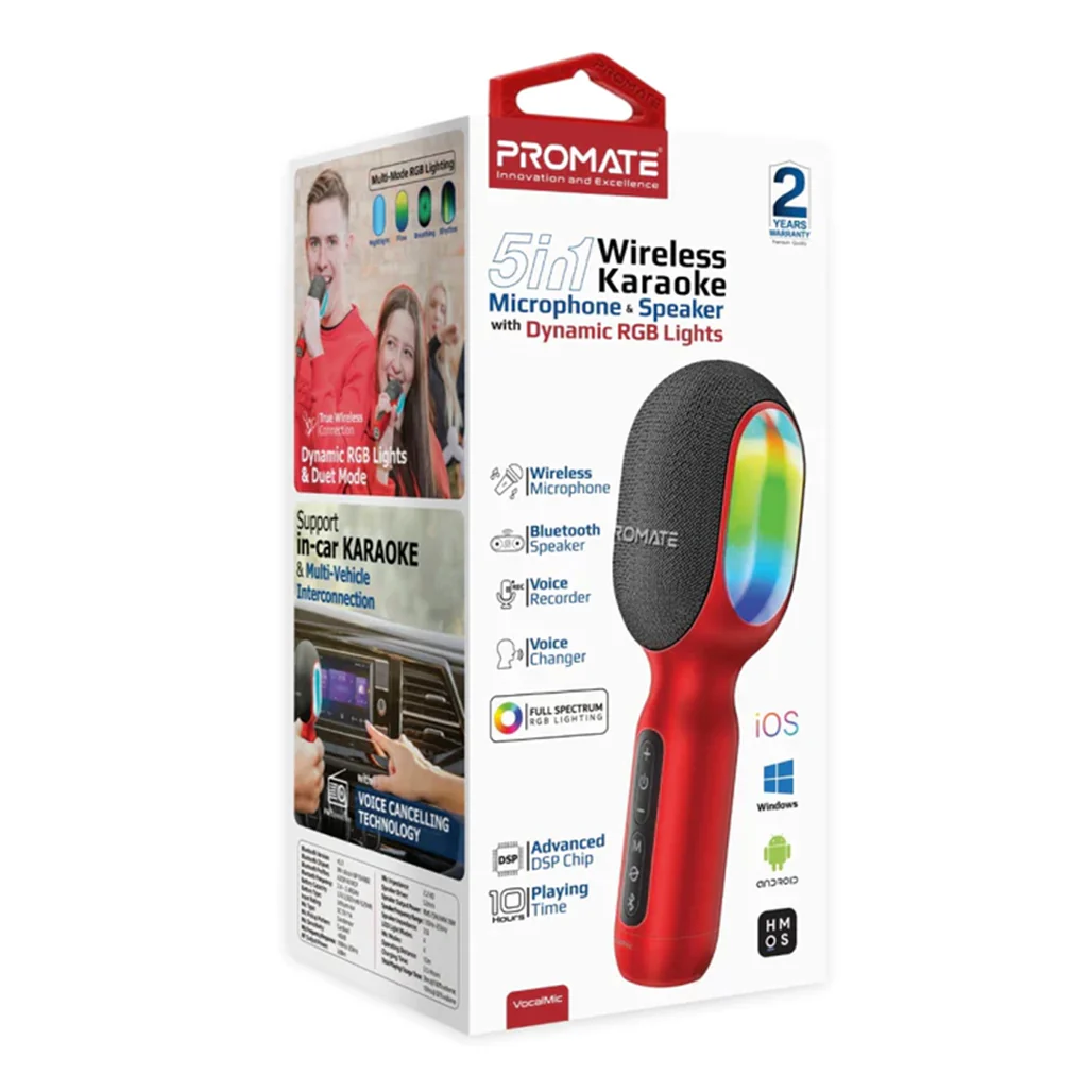 Promate VocalMic 5-in-1 Wireless Karaoke Microphone & Speaker - Red - Image 6