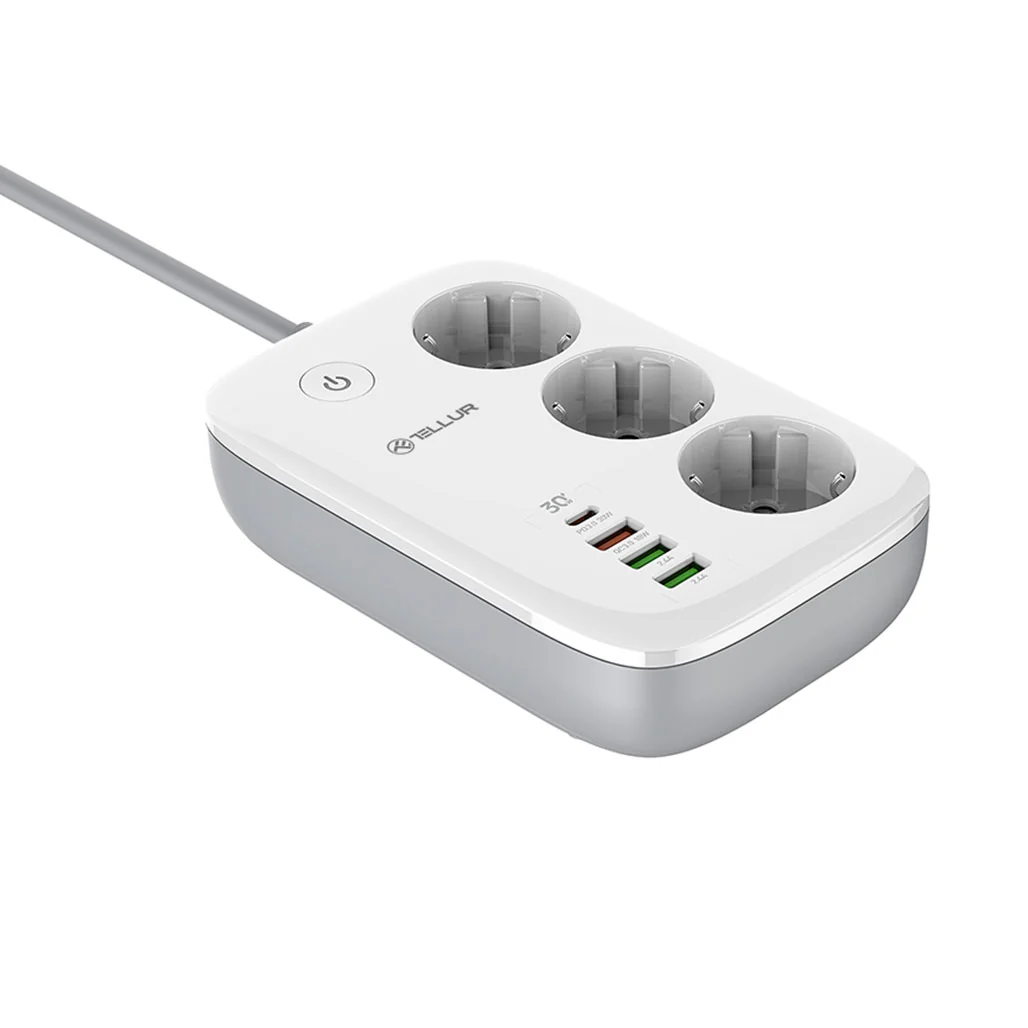 Tellur Smart WiFi Power Strip with 3 Outlets, PD30W, QC18W, 2xUSB 2.4A, 2500W, 10A, 2m Cable - White - Image 2