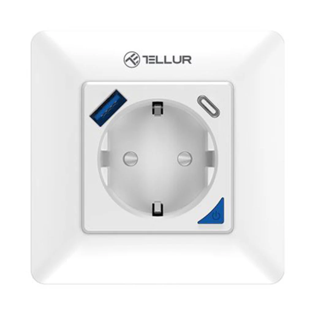 Tellur Smart WiFi Wall Plug with Energy Monitoring, 3600W, 16A, PD20W, USB 18W, Child Protection - White