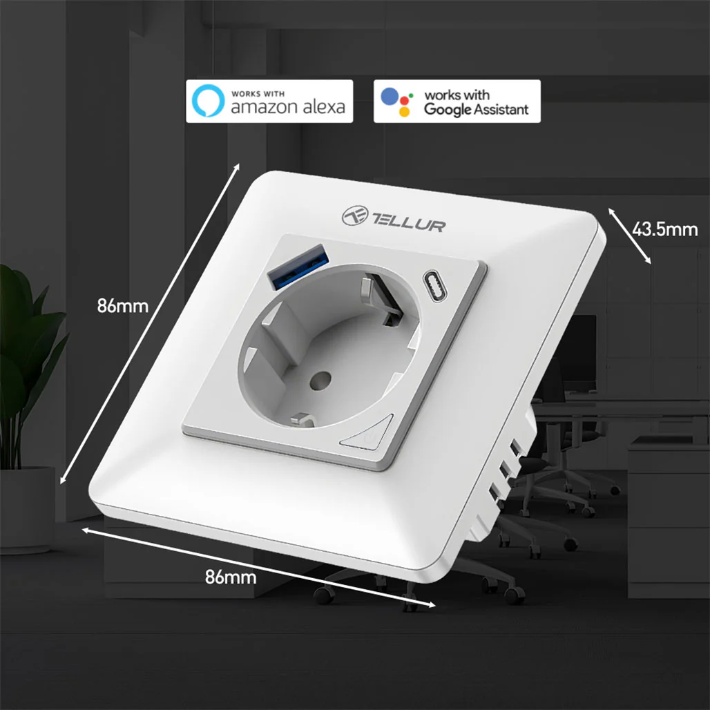 Tellur Smart WiFi Wall Plug with Energy Monitoring, 3600W, 16A, PD20W, USB 18W, Child Protection - White - Image 2