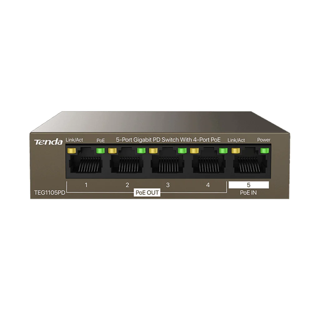 Tenda TEG1105PD 5-Port Gigabit PoE Switch – 4 PoE Out + PoE In, 30W Budget