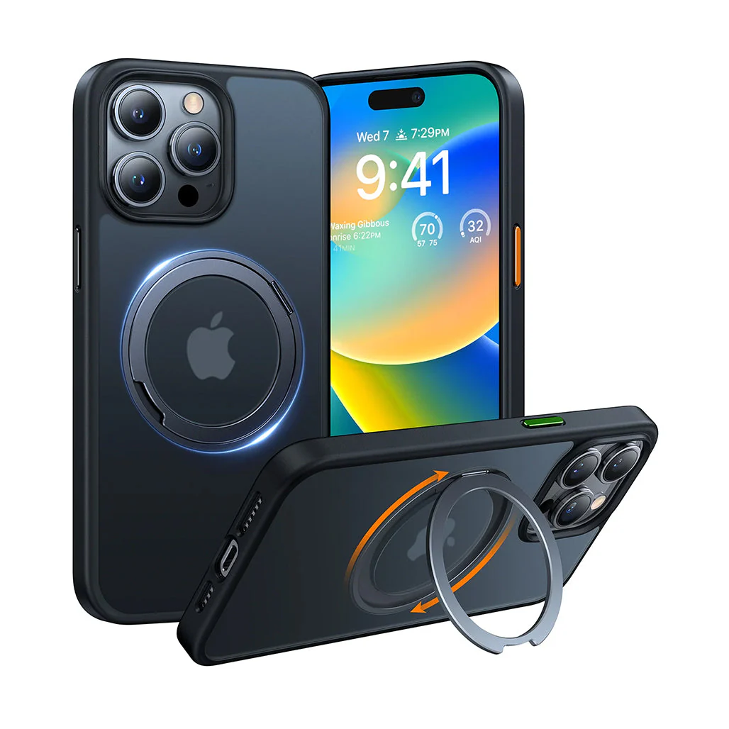Torras Black Ostand R - iPhone 15 Pro Max MagSafe Case with 360° Rotating Stand and Military Grade Protection