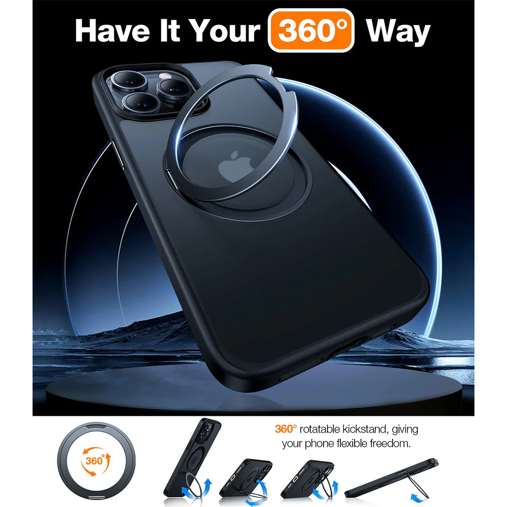 Torras Black Ostand R - iPhone 15 Pro Max MagSafe Case with 360° Rotating Stand and Military Grade Protection - Image 2