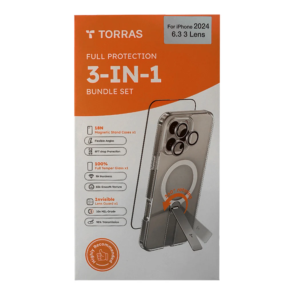 Torras Full Protection 3-in-1 Bundle Set for iPhone 16 Pro - Magnetic Stand Case, Tempered Glass Screen Protector, and Invisible Lens Guard - Image 2