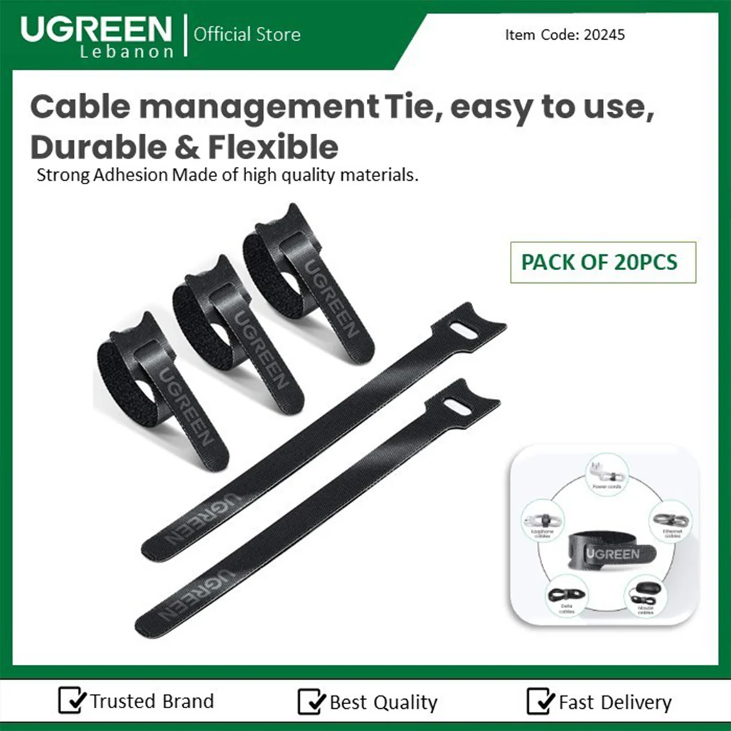 UGREEN 20-Pack Cable Management Tie – 18cm x 1.2cm Hook and Loop, Reusable Nylon Ties for Cable Organization - Image 8