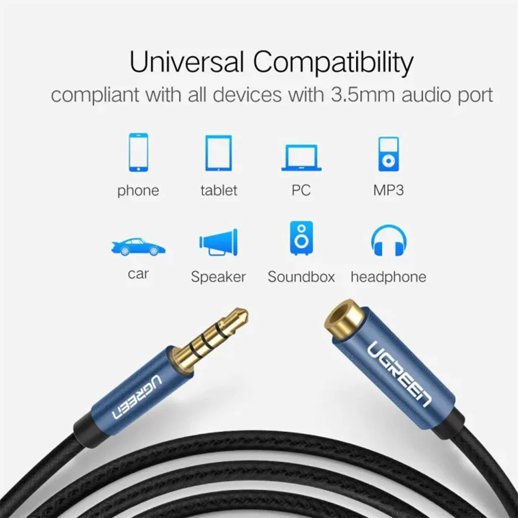 UGreen 3.5mm AUX Braided Cable Male to Female – High-Quality Audio Extension with Mic Support - Image 2