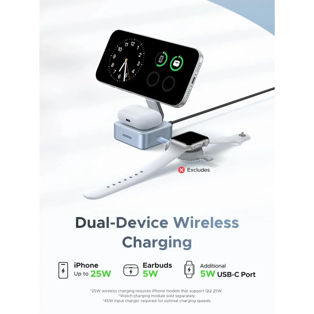 Ugreen 55960B MagFlow 2-in-1 Magnetic Wireless Charger - Qi2 25W MagSafe-Compatible Charging Stand - Image 2