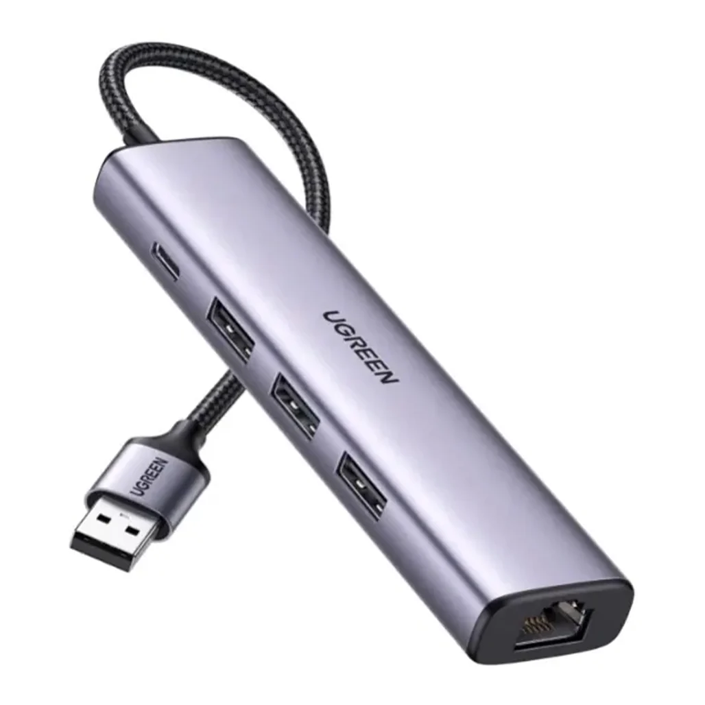 UGREEN 60554 USB 3.0 to Ethernet Adapter – 5-in-1 Multiport Hub with Gigabit Ethernet, 3 USB 3.0 Ports, and Type-C Power Supply