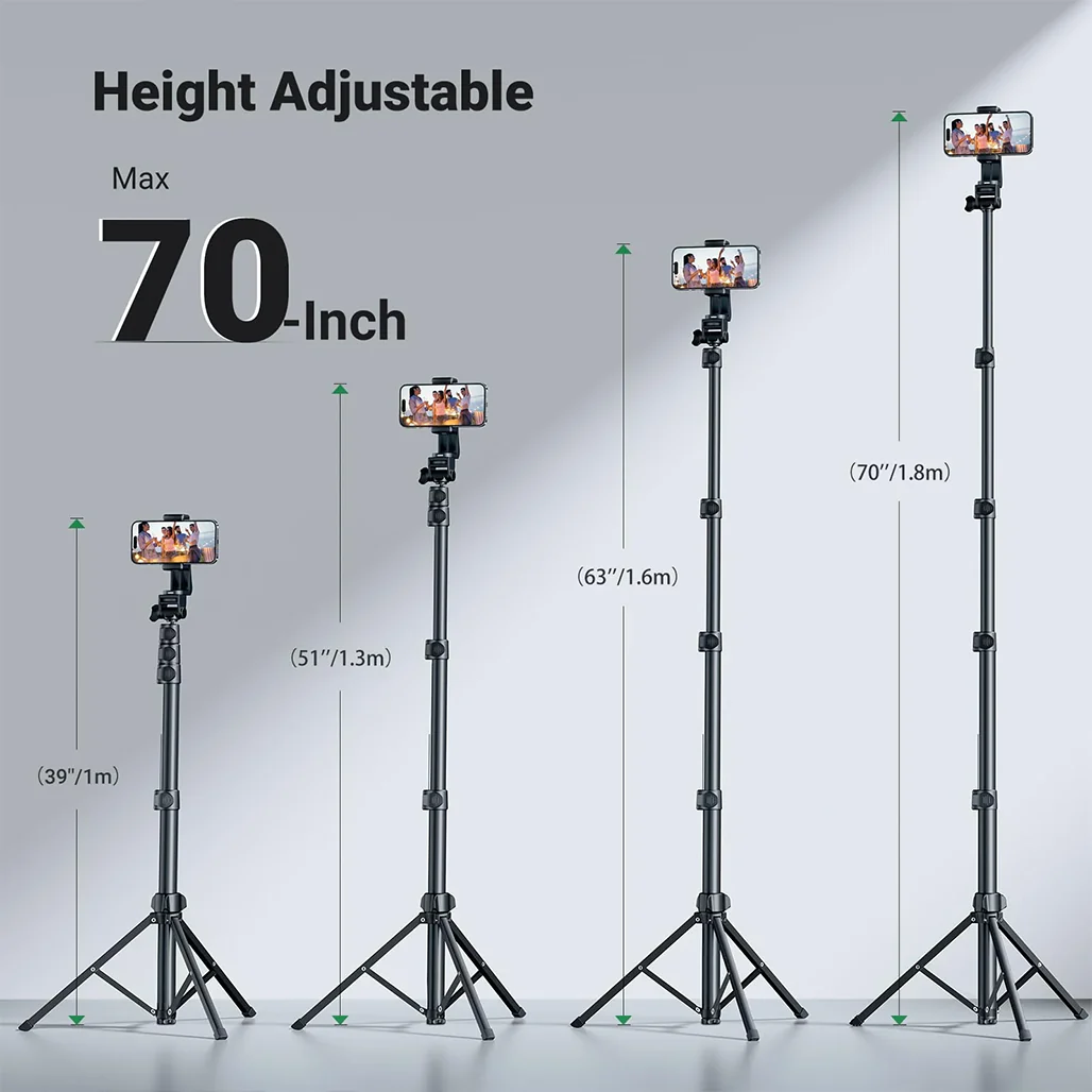 UGREEN 70-Inch Aluminum Phone Tripod with Bluetooth Remote | Sturdy & Adjustable Selfie Stick for iPhone, Galaxy, GoPro - Image 2