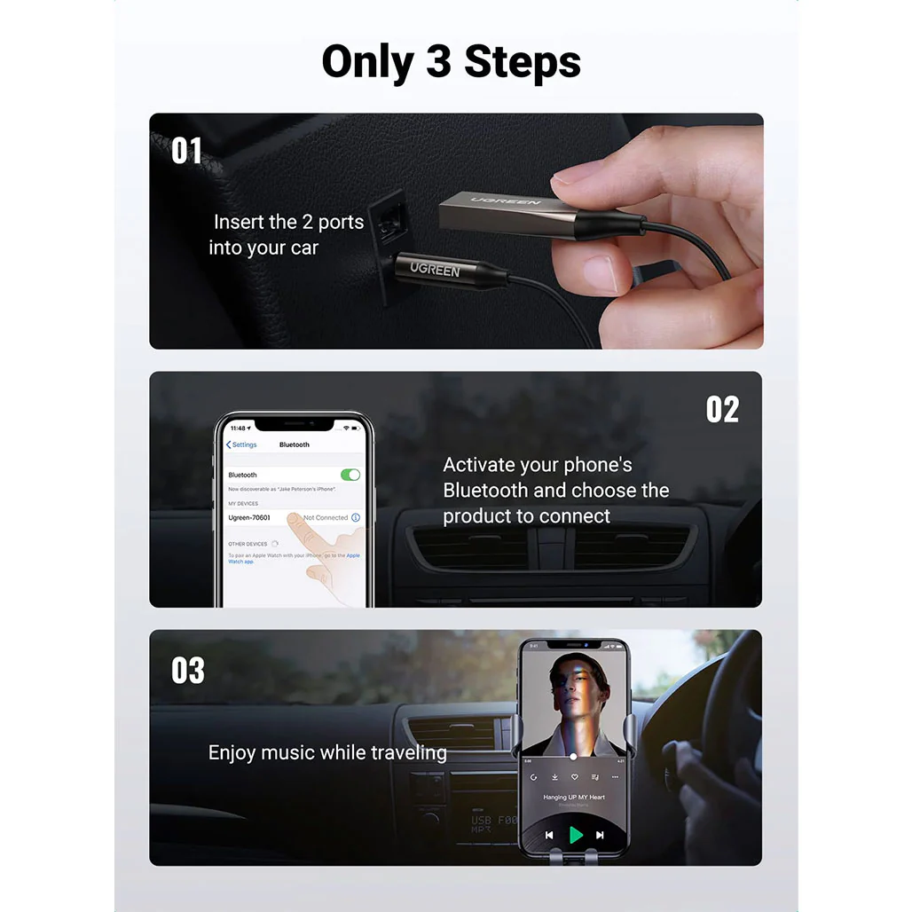 UGreen 70601 Bluetooth Aux Adapter – Car Aux Bluetooth v5.0 Receiver with 3.5mm Jack and Built-in Microphone for Stereo Music Streaming and Hands-Free Calls - Image 5