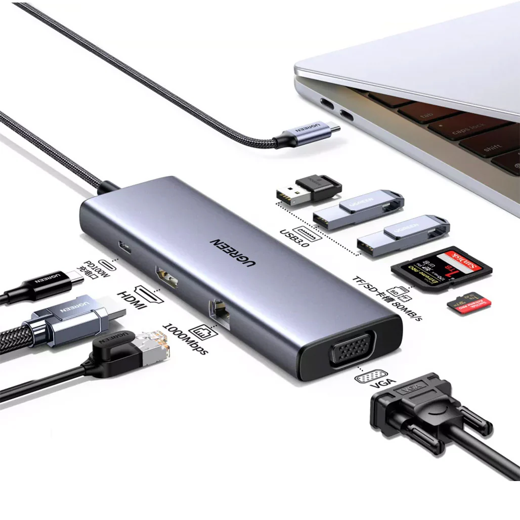 UGreen 9-in-1 USB-C Docking Station Hub CM498-15600 | 4K HDMI, 100W PD, USB 3.0, LAN, VGA, SD/TF Card Slots - Image 2