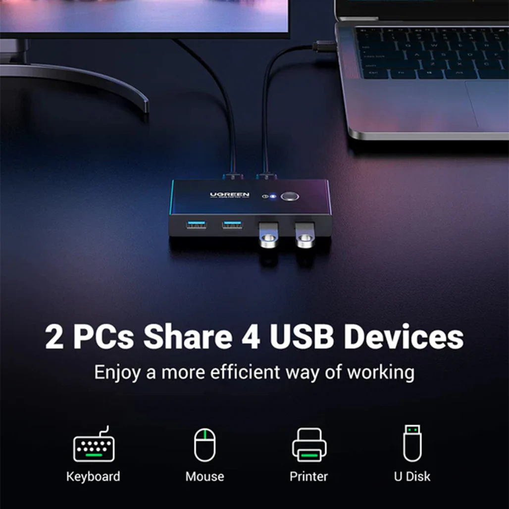 UGREEN USB 3.0 4-Port Switch – High-Speed Data Sharing Hub with LED Indicator & Touch Button - Image 3