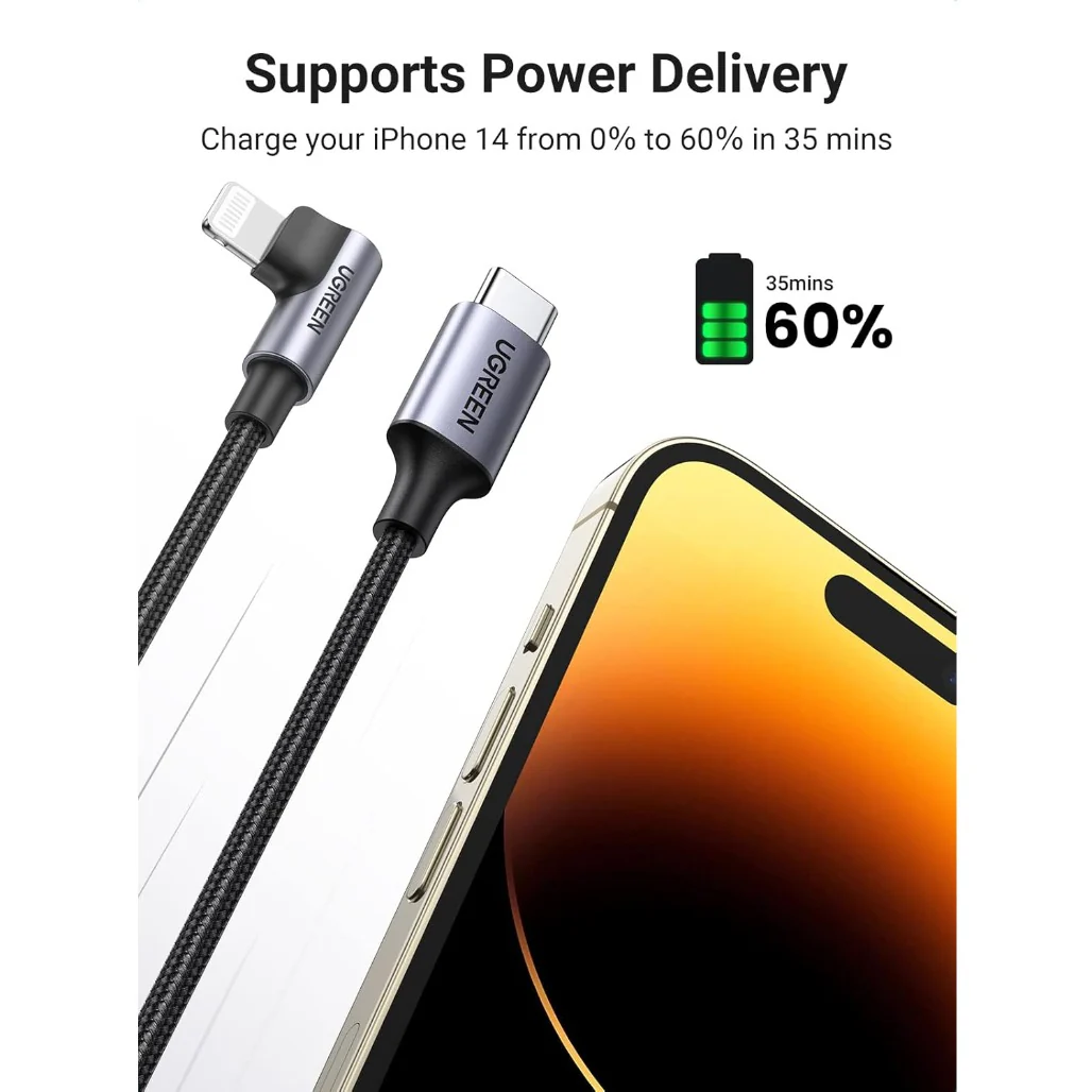 Ugreen USB-C to Angled Lightning Braided Cable – MFi Certified Fast Charging - Image 6