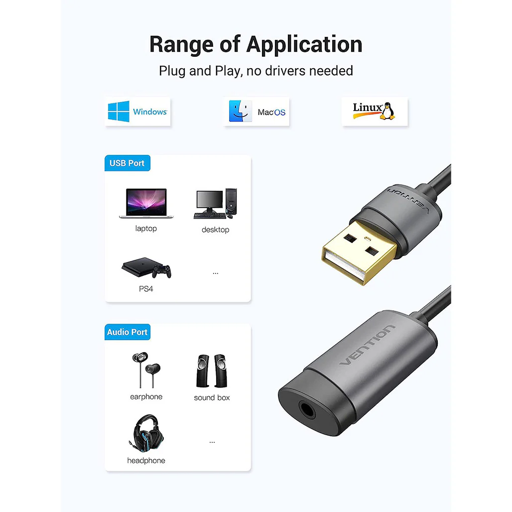Vention 3.5mm External Sound Card VT02-2016 | USB Audio Adapter with Microphone and Audio Output Support - Image 2