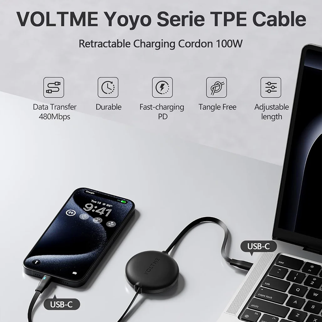 Voltme Powerlink YoYo Retractable USB-C to USB-C Cable 1m – 100W PD 3.0 Fast Charging - Image 8