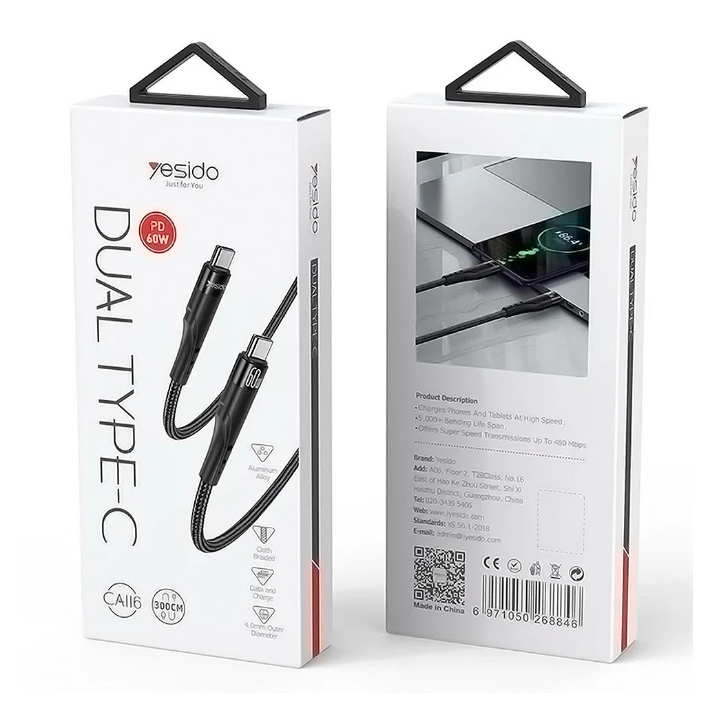 Yesido CA116 3 Meter Type-C to Type-C Data Cable, 60W Fast Charging & Data Transmission, Compatible with Smartphones, Tablets, and Laptops - Image 2